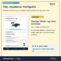 Faktakortet om den moderne trampolin og George Nissen og Larry Griswold fra 1934, hvor et net i et cirkus gav idéen til at øve hop