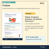 Faktakortet om frisbeen og Walter Frederick Morrison og Warren Franscioni fra 1948, hvor en leg med låg og bageforme blev til en flyvende skive