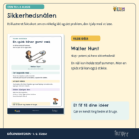 Faktakortet om sikkerhedsnålen og Walter Hunt fra 1849, hvor en bøjet metaltråd gemmer spidsen væk i en lille holder