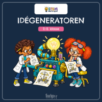 Forside til STEM med Fin og Fif - Idégeneratoren til 2.-3. klasse, hvor Fin og Fif i hvide kitler står ved idémaskinen med den store lysende pære