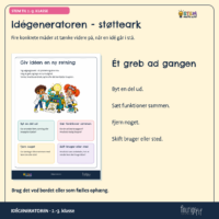Støttearket Idégeneratoren med fire greb: byt en del ud, sæt funktioner sammen, fjern noget, og skift bruger eller sted