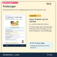 Faktakortet om Foldscope og Manu Prakash og Jim Cybulski fra 2014, hvor foldet papir holder en lille linse i præcis afstand