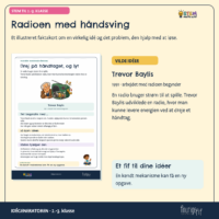 Faktakortet om radioen med håndsving og Trevor Baylis fra 1991, hvor en opspændt fjeder driver en generator, så radioen kan spille
