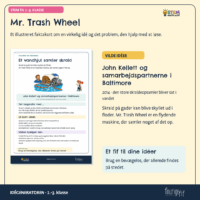 Faktakortet om Mr. Trash Wheel og John Kellett fra 2014, hvor et vandhjul driver et transportbånd, der samler skrald op af floden