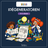 Forside til STEM med Fin og Fif - Idégeneratoren til 3.-5. klasse, hvor Fin sidder med tegninger af en bogvogn, mens Fif står ved idémaskinen med den store lysende pære