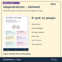 Støttearket Idégeneratoren med seks greb: byt et princip, vend rækkefølgen, gør noget justerbart, fjern en del, lån fra naturen og tænk reparation