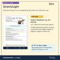 Faktakortet om GravityLight og Martin Riddiford og Jim Reeves fra 2009, hvor en løftet vægt synker langsomt og driver en generator, der giver lys