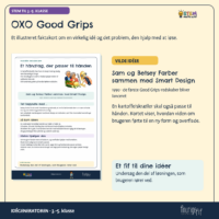 Faktakortet om OXO Good Grips og Sam og Betsey Farber sammen med Smart Design fra 1990, hvor et bredere og blødere håndtag passer til flere hænder