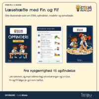 Opslag fra læsehæftet om STEM, opfindelser, modeller og samarbejde, med forsiden og to indersider