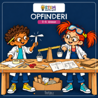 Forside til STEM med Fin og Fif - Opfinderi for 2.-3. klasse, hvor Fin og Fif i kitler og beskyttelsesbriller bygger med pap ved et arbejdsbord
