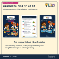 Opslag fra læsehæftet på 12 sider om STEM, opfindelser, modeller og test, med forsiden og to indersider