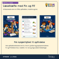 Opslag fra læsehæftet på 16 sider om STEM, krav, modeller, fair test og afvejninger, med forsiden og to indersider