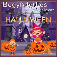 Begynderlæs 2-5 bogstaver med halloweentema, børn i udklædning og orange græskar foran et lilla slot