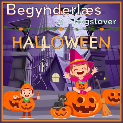 Begynderlæs 2-5 bogstaver med halloweentema, børn i udklædning og orange græskar foran et lilla slot