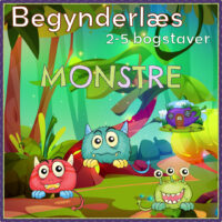 Begynderlæs 2-5 bogstaver om monstre, tre venlige monstre med striber, pletter og horn
