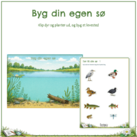 Forsiden til Byg din egen sø med den tomme søflade og et ark udklip med fugle og fisk