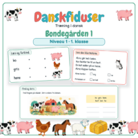 Forside til Danskfiduser Bondegården 1 med temaets billeder og to opgaver: forbind ord og billede og læs den lille historie