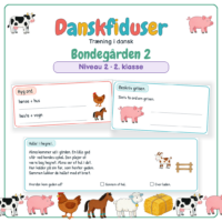 Forside til Danskfiduser Bondegården 2 med opgaverne byg ord og beskriv samt et læsestykke med spørgsmål