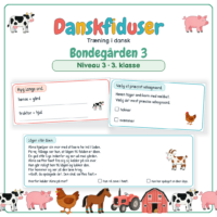 Forside til Danskfiduser Bondegården 3 med et læsestykke og opgaver i ordklasser og bøjning