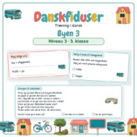 Forside til Danskfiduser Byen 3 med et læsestykke og opgaver i ordklasser og bøjning