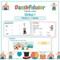 Forside til Danskfiduser Cirkus 1 med temaets billeder og to opgaver: forbind ord og billede og læs den lille historie