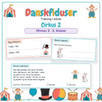 Forside til Danskfiduser Cirkus 2 med opgaverne byg ord og beskriv samt et læsestykke med spørgsmål