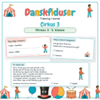 Forside til Danskfiduser Cirkus 3 med et læsestykke og opgaver i ordklasser og bøjning