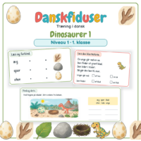 Forside til Danskfiduser Dinosaurer 1 med temaets billeder og to opgaver: forbind ord og billede og læs den lille historie