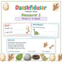 Forside til Danskfiduser Dinosaurer 2 med opgaverne byg ord og beskriv samt et læsestykke med spørgsmål