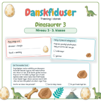 Forside til Danskfiduser Dinosaurer 3 med et læsestykke og opgaver i ordklasser og bøjning