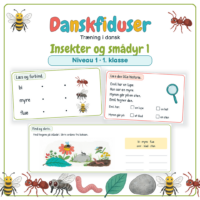 Forside til Danskfiduser Insekter og smådyr 1 med temaets billeder og to opgaver: forbind ord og billede og læs den lille his
