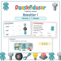 Forside til Danskfiduser Robotter 1 med temaets billeder og to opgaver: forbind ord og billede og læs den lille historie