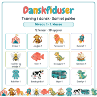 Forside til Danskfiduser samlet pakke til 1. klasse med de tolv temaers figurer og titlen på