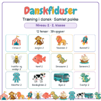 Forside til Danskfiduser samlet pakke til 2. klasse med de tolv temaers figurer og titlen på