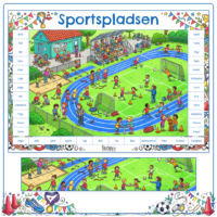 Myldrebilledet om sportspladsen: A3-siden med 36 søgeord i rammen og de tre billedudsnit nedenunder