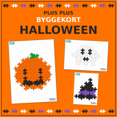 Forside til byggekort i halloweentema: et orange græskar med ansigt, et spøgelse og en heksehat bygget af PLUS PLUS-klodser