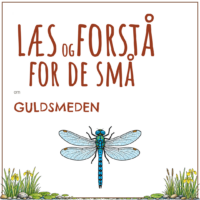 Forsiden til LæsogForstå - for de små om guldsmeden med en tegning af dyret ved søens bred