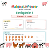 Forside til Matematikfiduser Bondegården 1 med opgaverne Tæl og del, Læg sammen og Talvenner