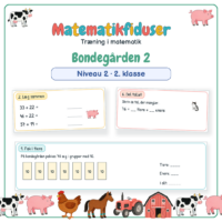 Forside til Matematikfiduser Bondegården 2 med opgaverne Pak i tiere, Læg sammen og Del tallet