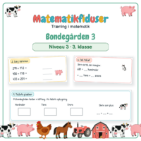 Forside til Matematikfiduser Bondegården 3 med opgaverne Tallets pladser, Læg sammen og Del tallet