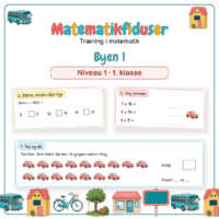 Forside til Matematikfiduser Byen 1 med opgaverne Tæl og del, Større, mindre eller lige og Læg sammen