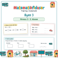 Forside til Matematikfiduser Byen 3 med opgaverne Tallets pladser, Større, mindre eller lige og Læg sammen