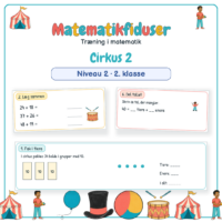 Forside til Matematikfiduser Cirkus 2 med opgaverne Pak i tiere, Læg sammen og Del tallet