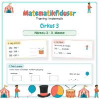 Forside til Matematikfiduser Cirkus 3 med opgaverne Tallets pladser, Læg sammen og Del tallet