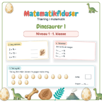 Forside til Matematikfiduser Dinosaurer 1 med opgaverne Tæl og del, Læg sammen og Talvenner