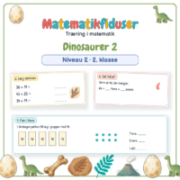 Forside til Matematikfiduser Dinosaurer 2 med opgaverne Pak i tiere, Læg sammen og Del tallet
