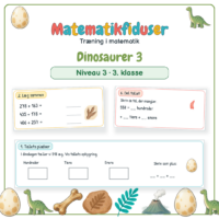 Forside til Matematikfiduser Dinosaurer 3 med opgaverne Tallets pladser, Læg sammen og Del tallet