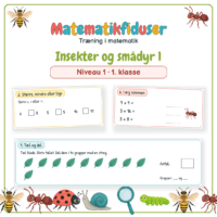 Forside til Matematikfiduser Insekter og smådyr 1 med opgaverne Tæl og del, Større, mindre eller lige og Læg sammen