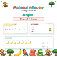 Forside til Matematikfiduser Junglen 1 med opgaverne Tæl og del, Større, mindre eller lige og Læg sammen