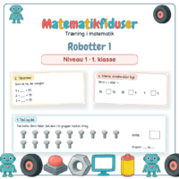 Forside til Matematikfiduser Robotter 1 med opgaverne Tæl og del, Talvenner og Større, mindre eller lige